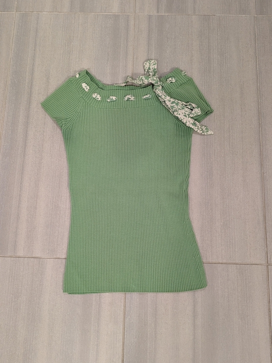 INC International Concepts Tops - INC International Concepts Green Ribbed Short Sleeve Silk top with floral accent